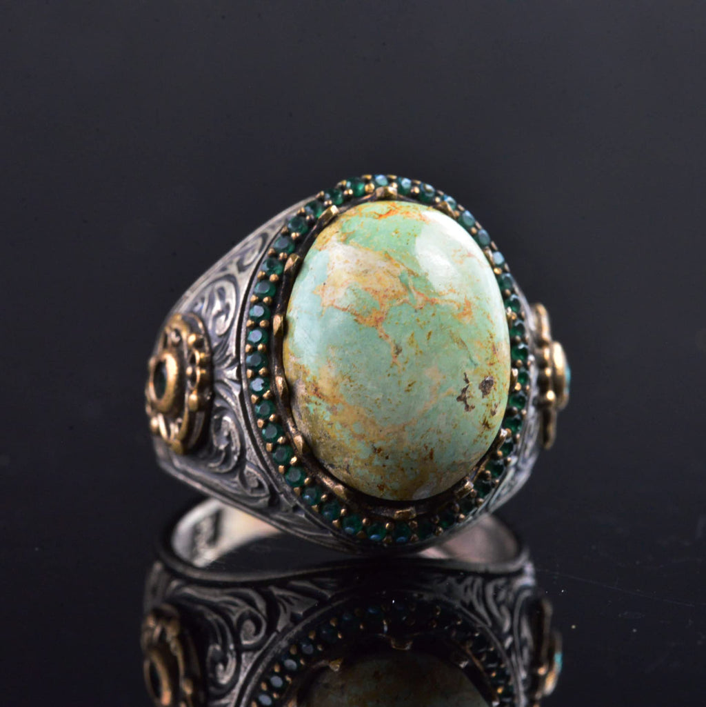 925 Sterling Silver Men's Ring - Natural Arizona Turquoise Stone with Detailed Work — 6