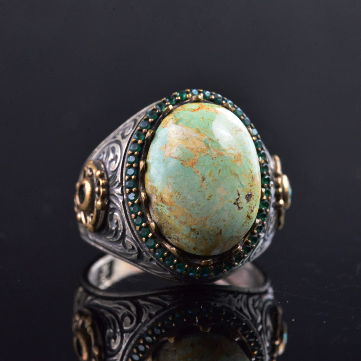 925 Sterling Silver Men's Ring - Natural Arizona Turquoise Stone with Detailed Work — 6