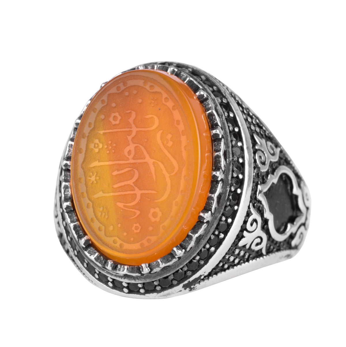 KAMBO Natural Yellow Agate Islamic Men's Ring – 925 Sterling Silver Oval Engraved Stone Spiritual Design