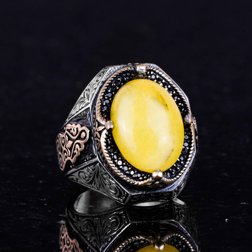 925 Sterling Silver Ring - Natural Yellow Agate Stone Ring (Model-2) — 6