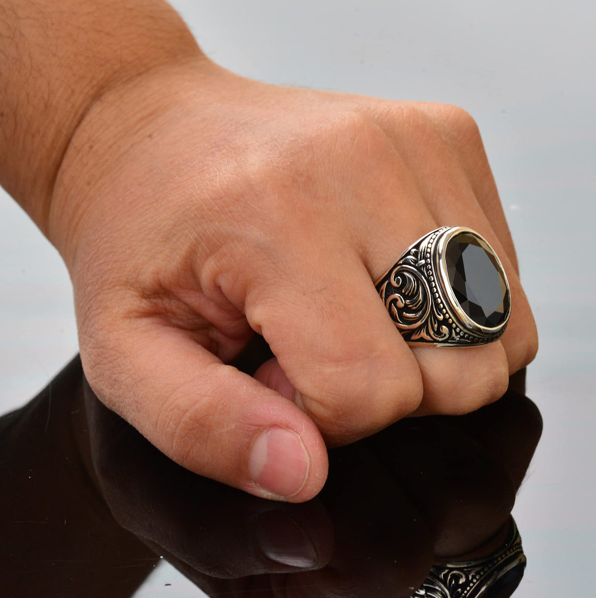 Handmade 925 Sterling Silver Men's Ring with Natural Obsidian Stone, Intricate Band Design, Unique Silver Ring — 3