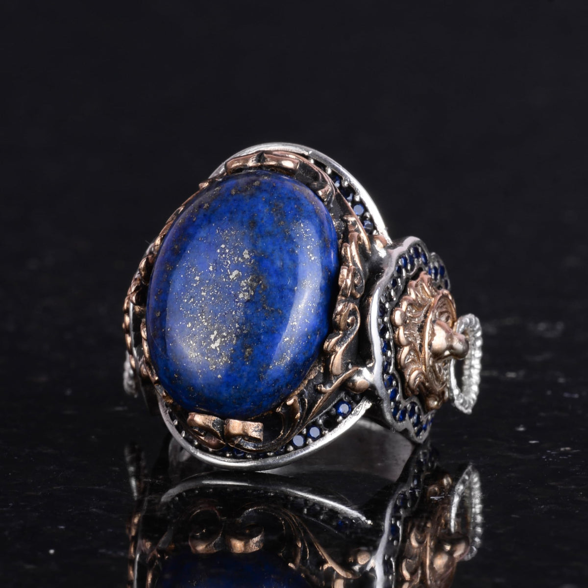 Natural Lapis Lazuli Stone Ring - Lion Head Design - 925 Sterling Silver — 5
