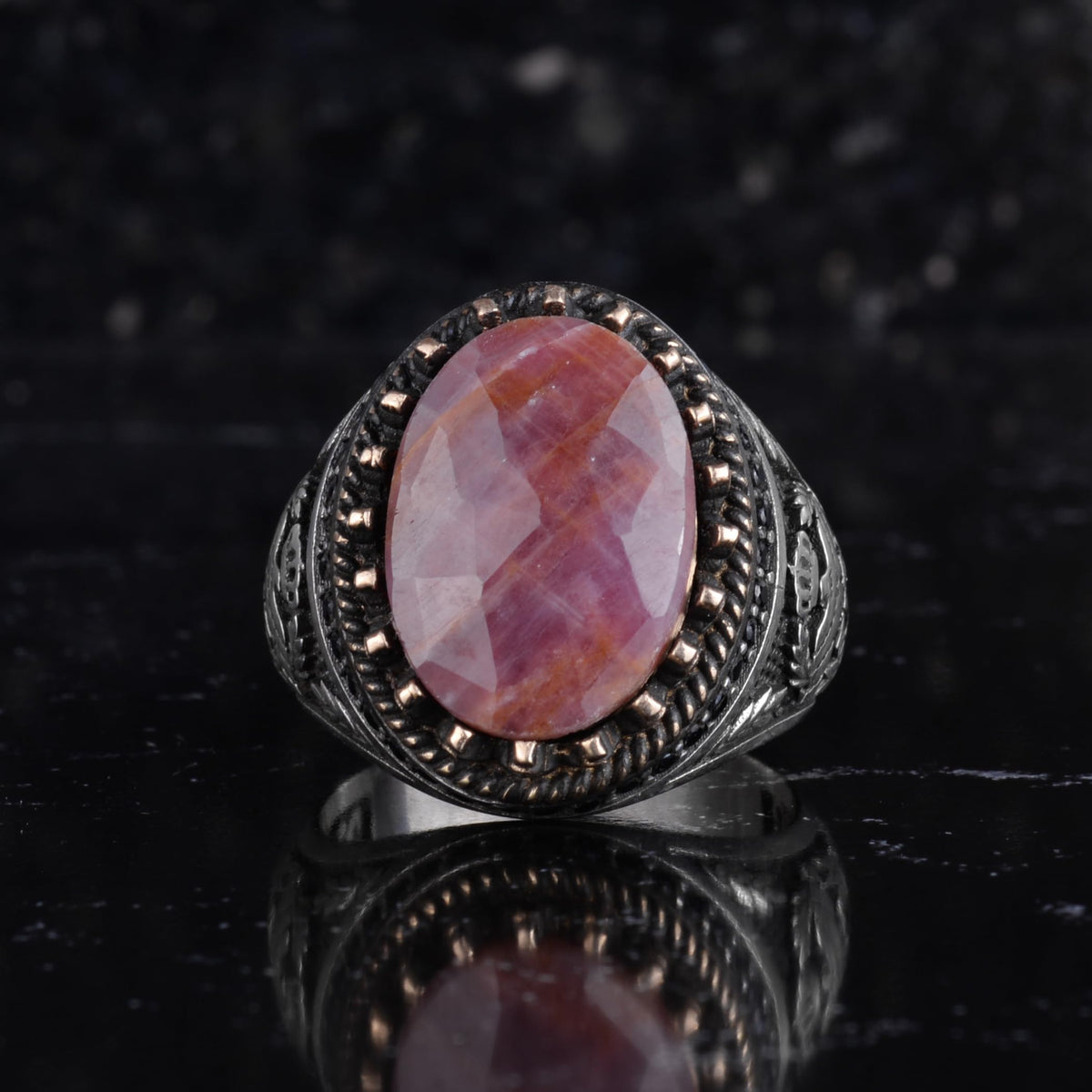 KAMBO Natural Pink Sapphire Stone Ring for Men 925 Sterling Silver Handmade Statement Ring Oval Sapphire — 4