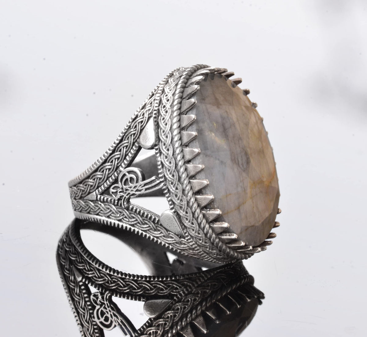 925 Sterling Silver Men's Ring with Natural Labradorite Stone - Detailed Ethnic Design - Handmade Silver Ring — 4