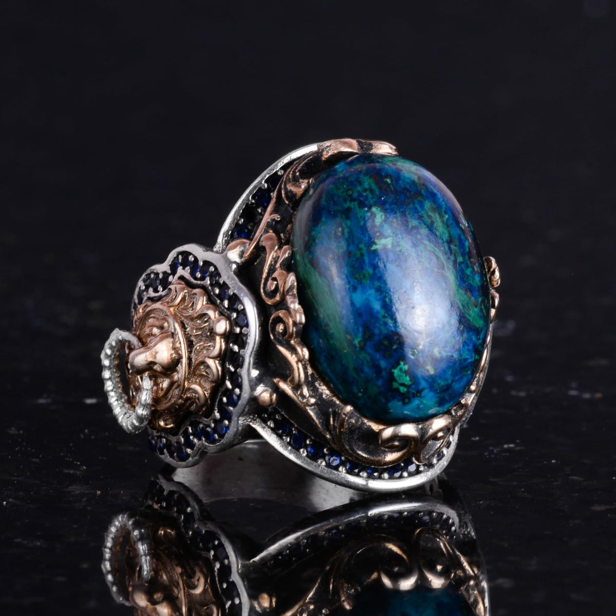 Silver Lion Ring, Handmade Azurite Stone Ring — 5