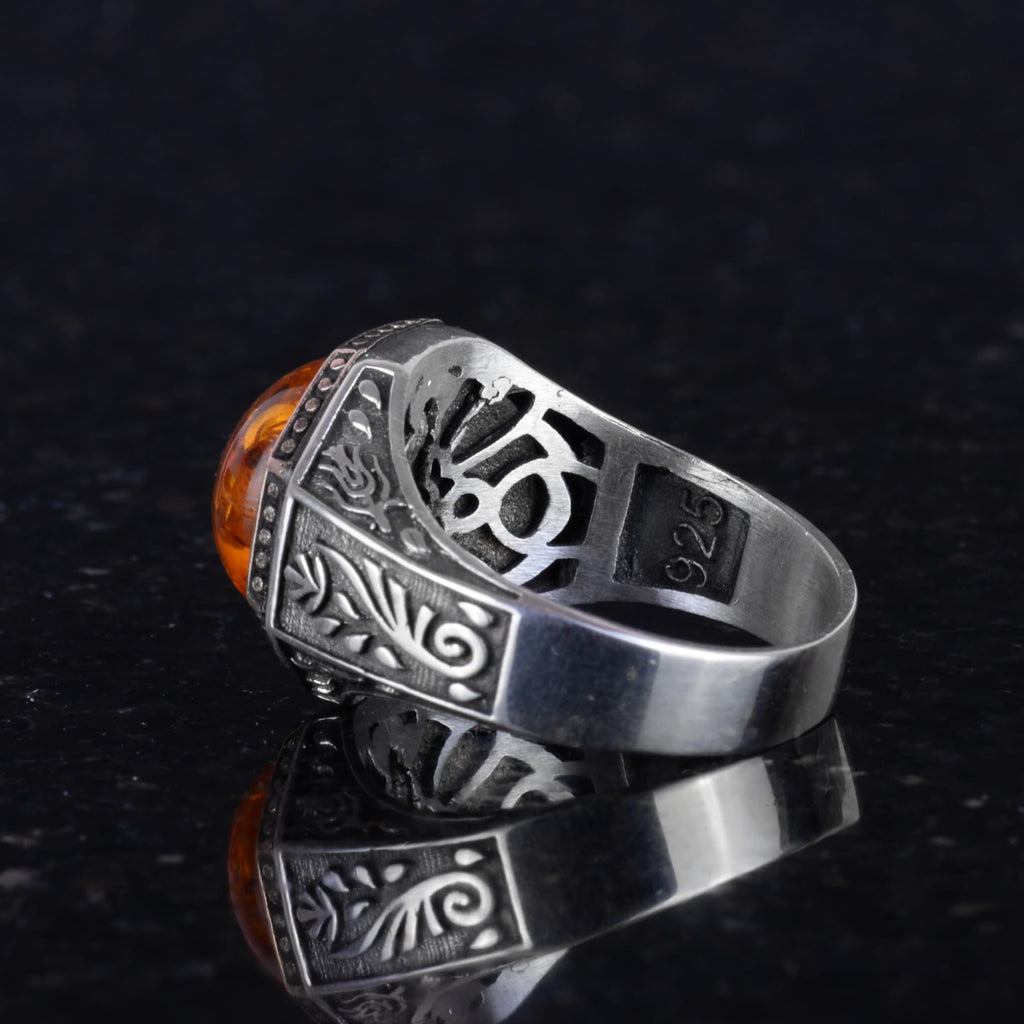 925 Sterling Silver Men's Ring - Amber Stone Minimalist Ring — 4