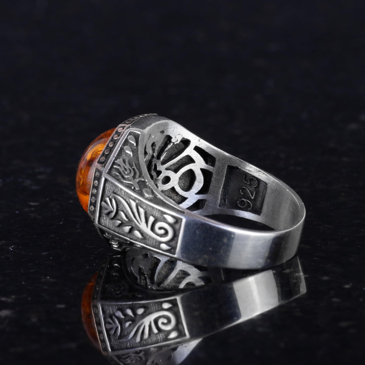 925 Sterling Silver Men's Ring - Amber Stone Minimalist Ring — 4