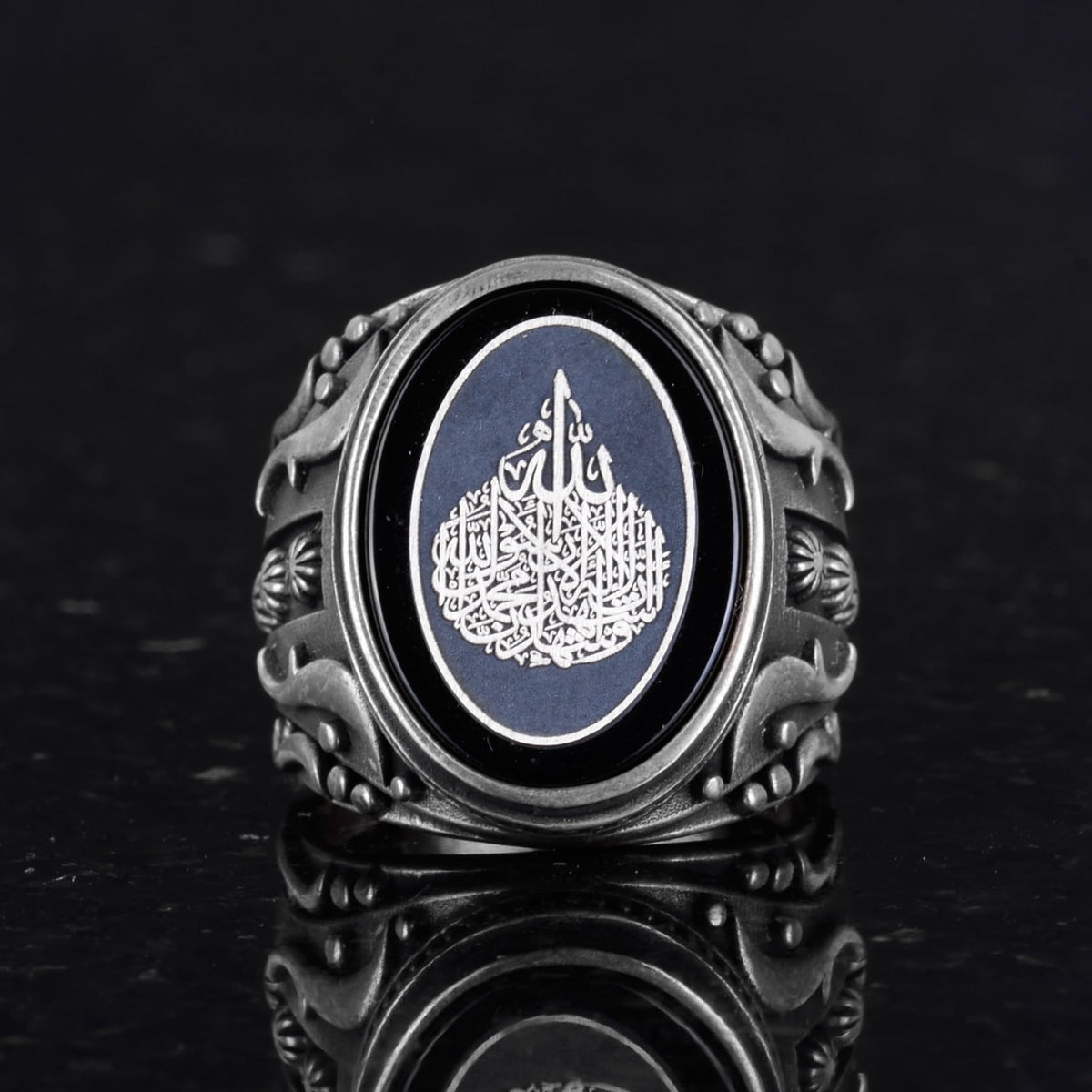 Silver Men's Ring with Natural Onyx Stone - Ayat al-Kursi Design Ring — 4