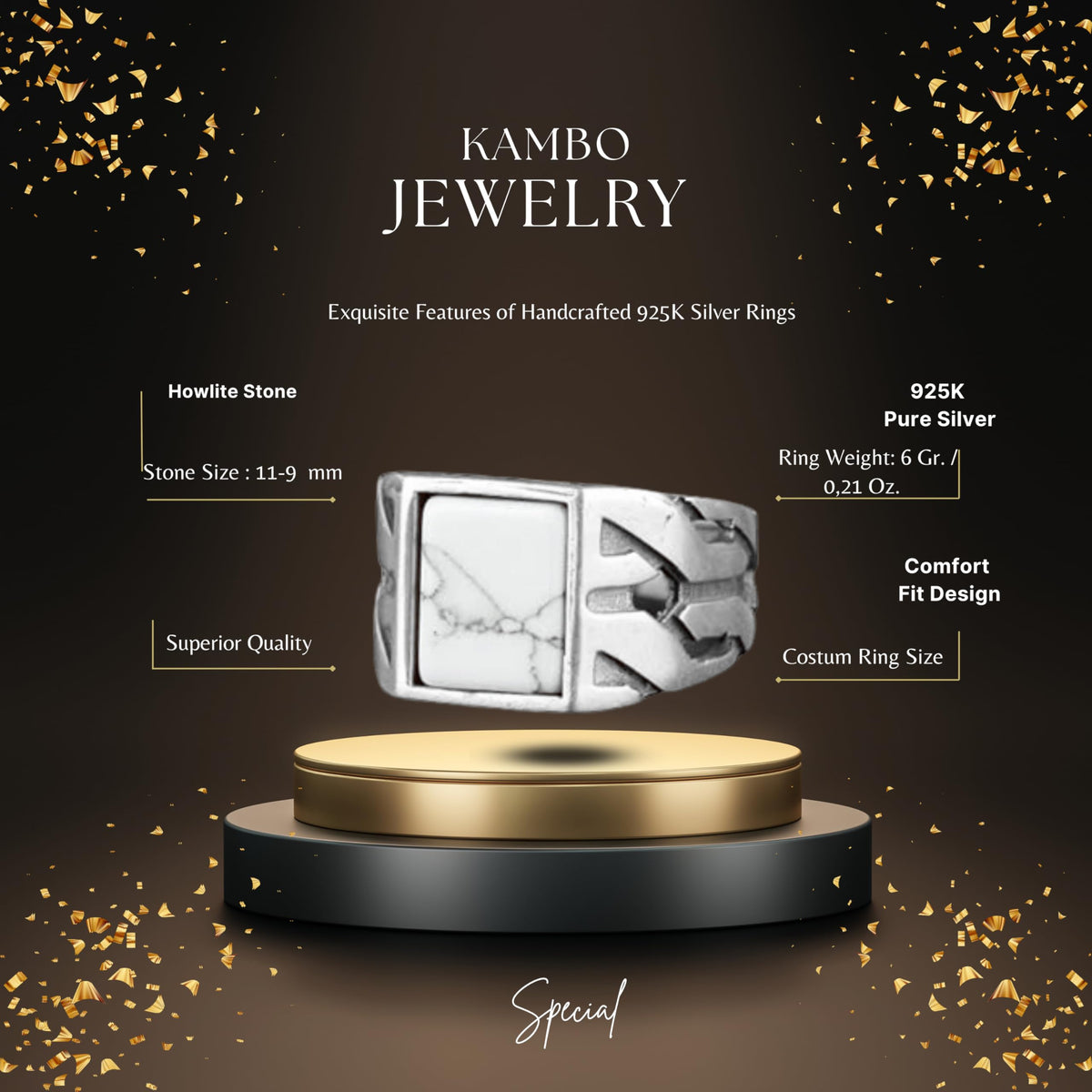 Kambo Silver Men's Ring, Marble Stone Ring — 2