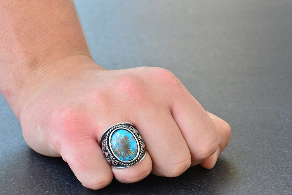 Natural Arizona Turquoise Stone Ring - Silver Men's Ring (Model-5) — 7