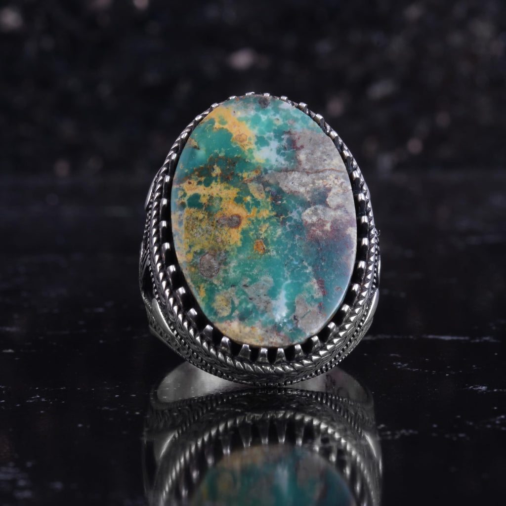 KAMBO Natural Turquoise Stone Large Men's Ring 925 Sterling Silver Oval Cabochon Ottoman Tugra Engraved Handmade Statement Ring (Turquoise-1) — 4