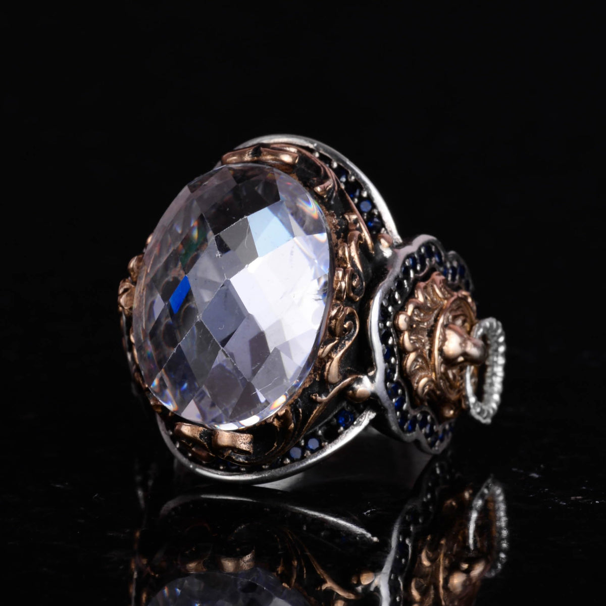 Kambo Lion Figure Ring - 925 Sterling Silver Men's Design Ring with Synthetic Crystal Stone — 6