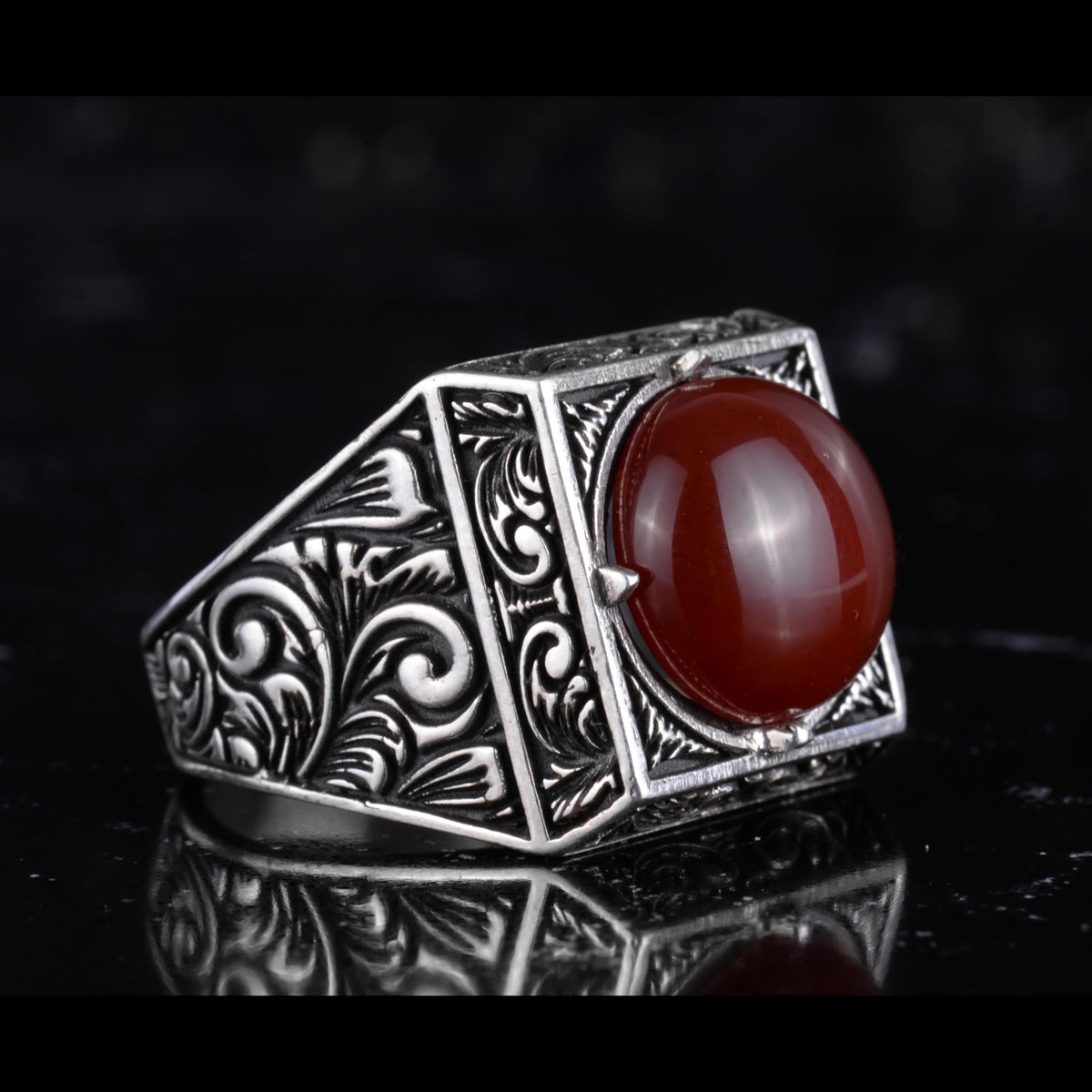 KAMBO Natural Round Stone Square Men's Ring 925 Sterling Silver – Ottoman Pattern Handmade Stone Ring (Agate) — 6