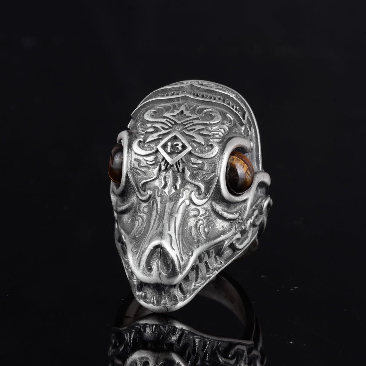 KAMBO Natural Stone Dragon Large Ring - Men's 925 Sterling Silver Gothic Handmade Statement Jewelry (Tiger's Eye) — 6