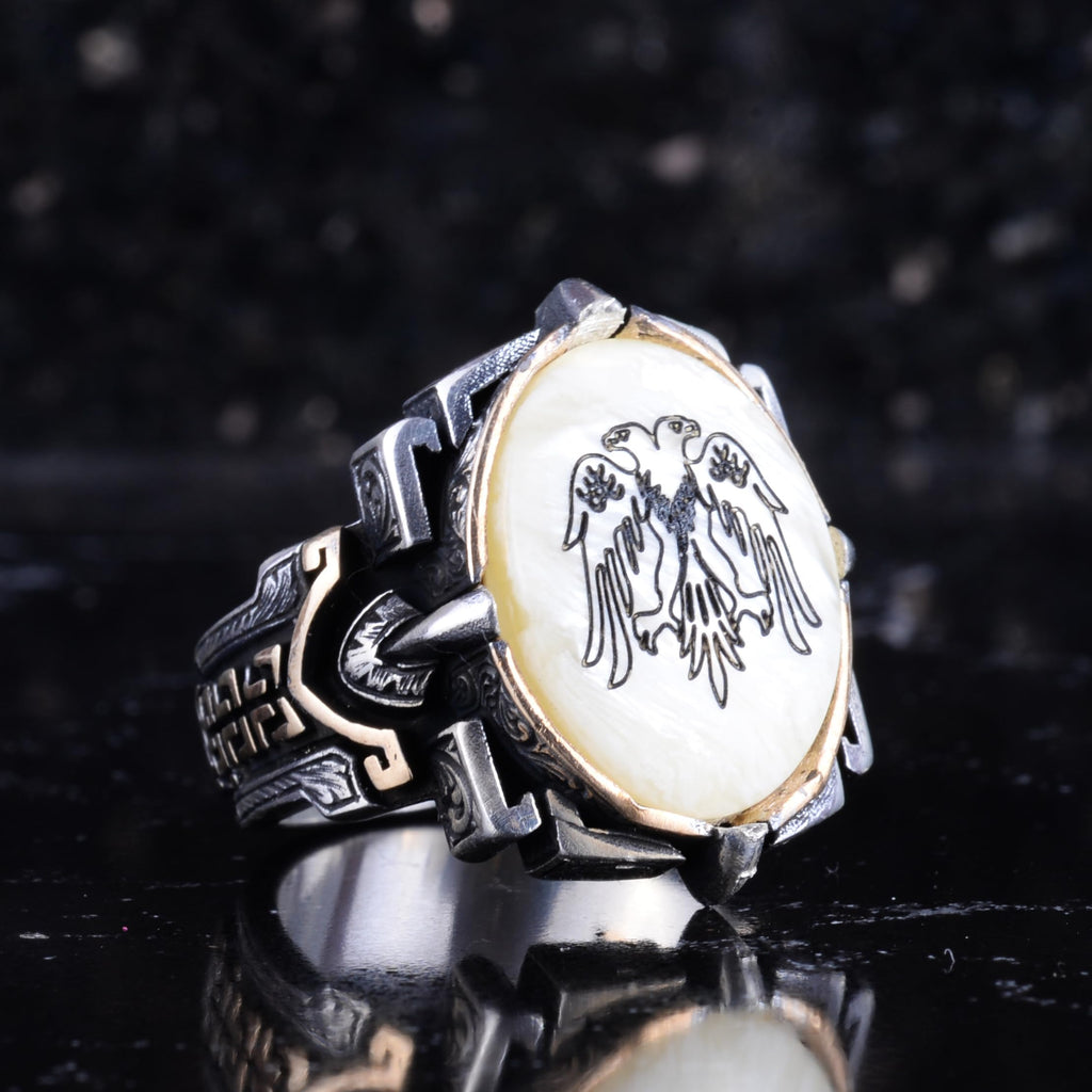 KAMBO Natural Stone Ring 925 Sterling Silver – Handmade Men's Statement Ring Healing Jewelry (Pearl-1 Seljuk Double-Headed Eagle) — 6