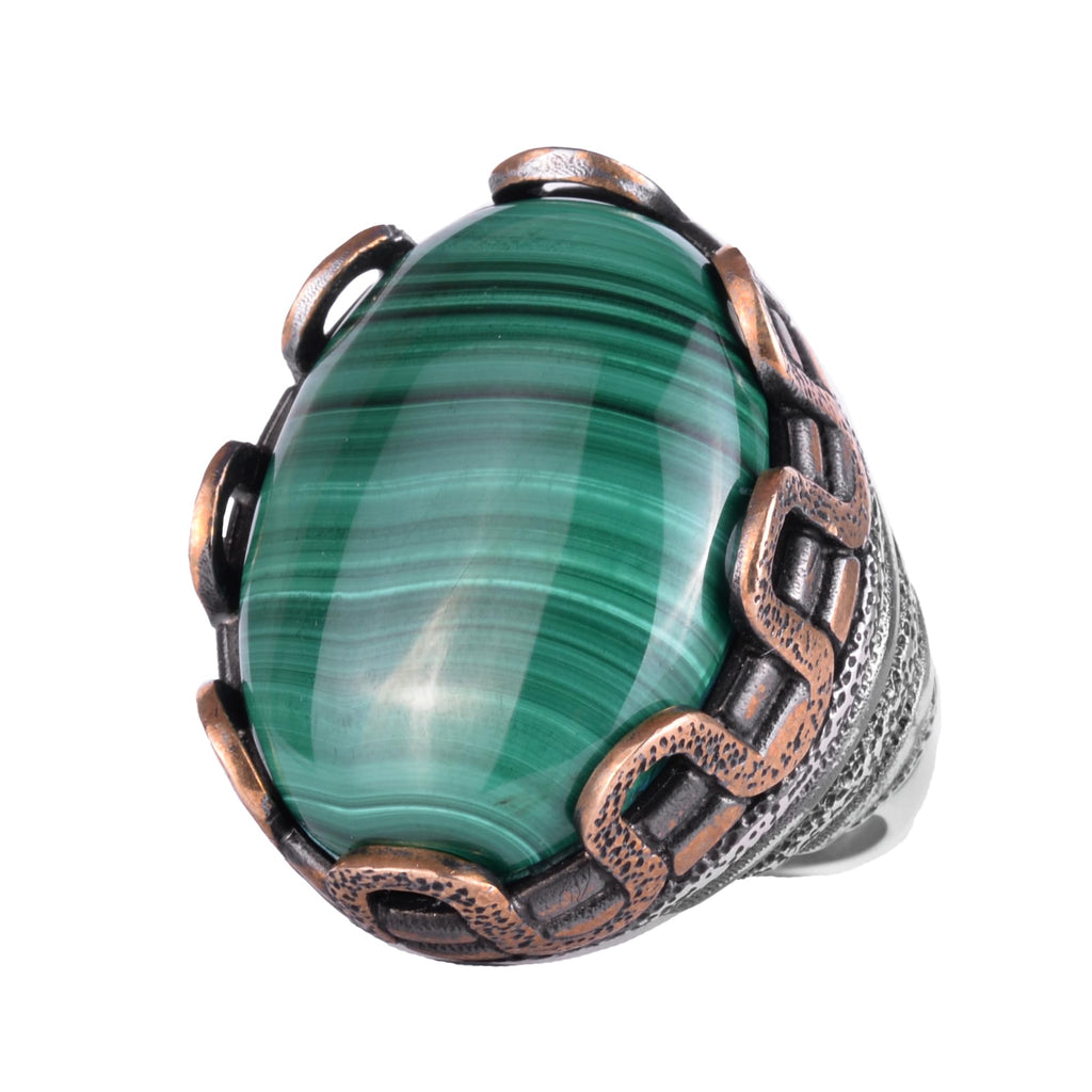 KAMBO Natural Malachite Stone Large Men's Ring – Green Band Malachite Oval Stone – 925 Sterling Silver Handmade Statement Ring – Vintage Ottoman Style Men's Jewelry