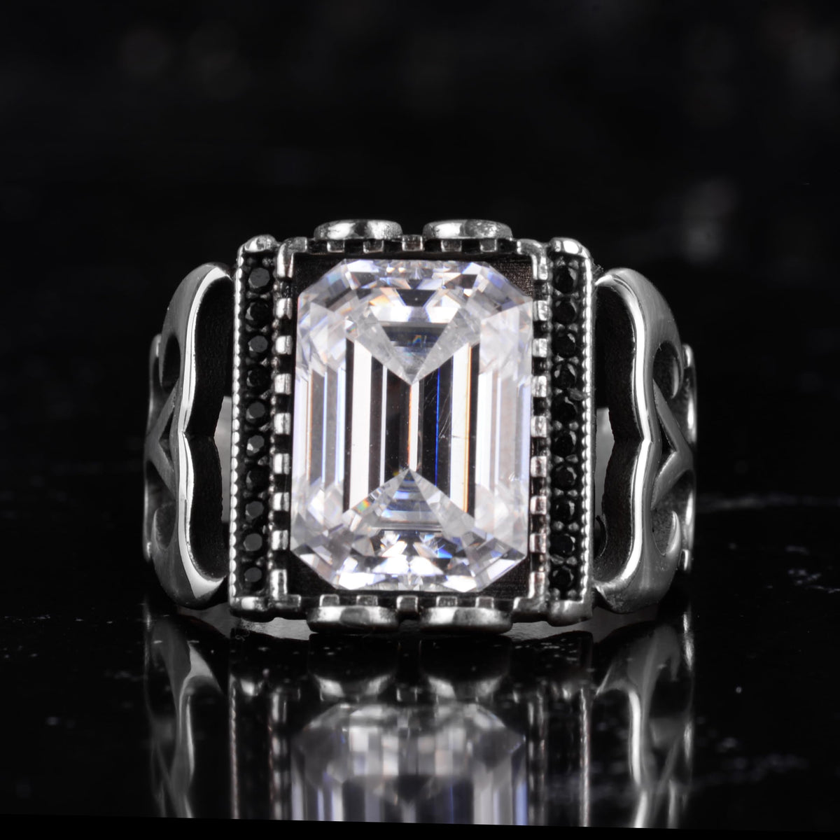 Certified Natural Diamond Moissanite Stone Men's Ring 925 Sterling Silver – Black Stone Detailed Rectangular Statement Ring — 5