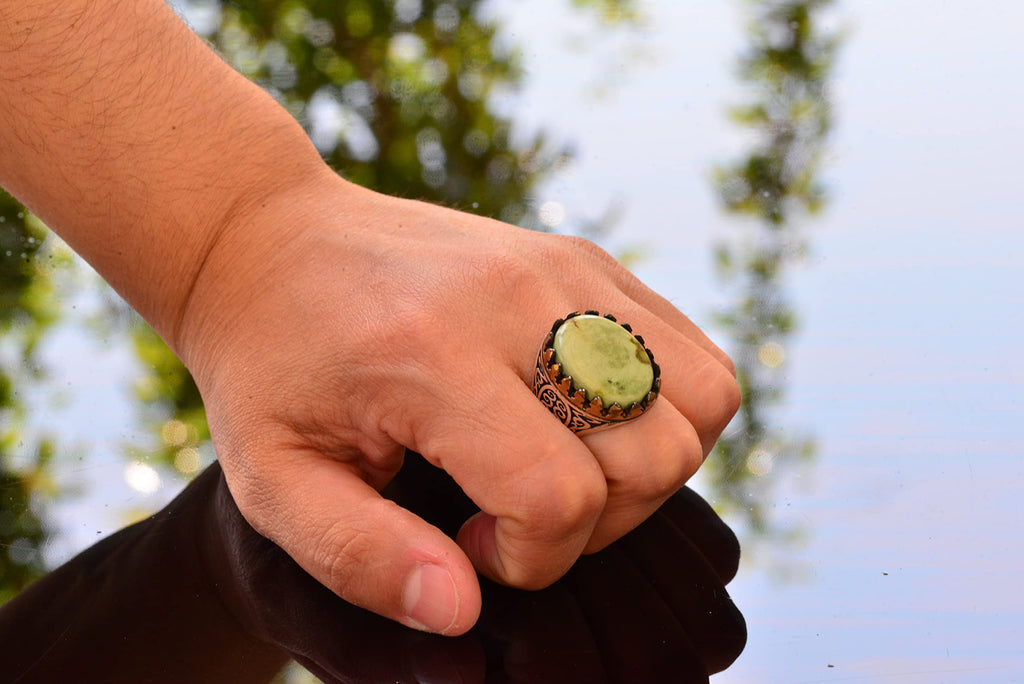 Natural Green Turquoise Ring, Silver Green Turquoise Ring, 925 Sterling Silver Men's Ring, Large Ring — 7
