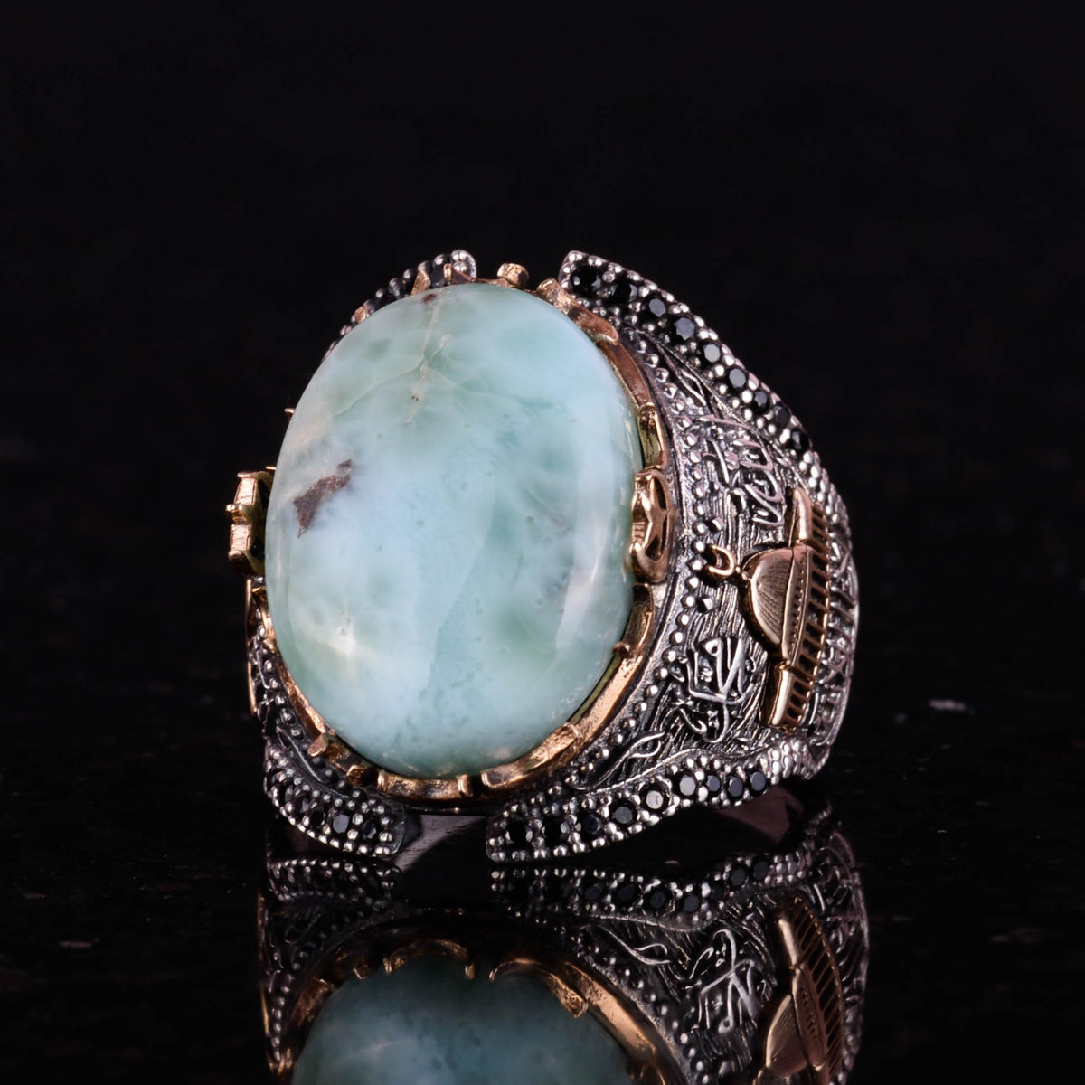 Natural Larimar Stone Ring, 925 Sterling Silver Men's Ring — 5