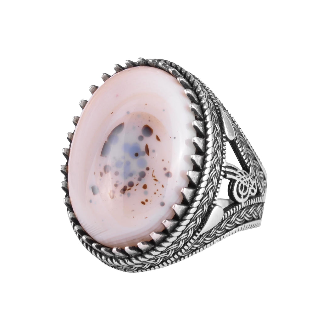 KAMBO Natural Yemen Agate Stone Men's Ring – 925 Sterling Silver Large Statement Ring – Handmade Ottoman Tugra Design Jewelry (Style-3)