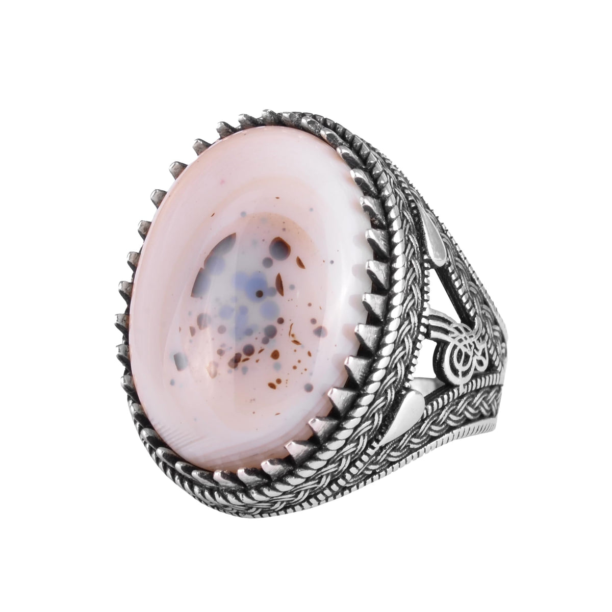 KAMBO Natural Yemen Agate Stone Men's Ring – 925 Sterling Silver Large Statement Ring – Handmade Ottoman Tugra Design Jewelry (Style-3)