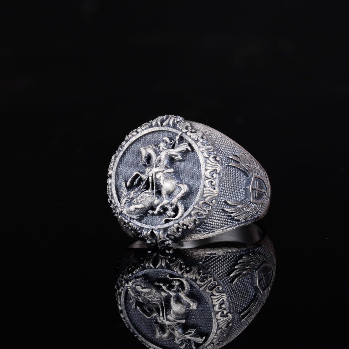 KAMBO 925 Sterling Silver Saint George and Dragon Ring – Handmade Religious Men's Ring – Courage and Protection Symbol Jewelry — 5