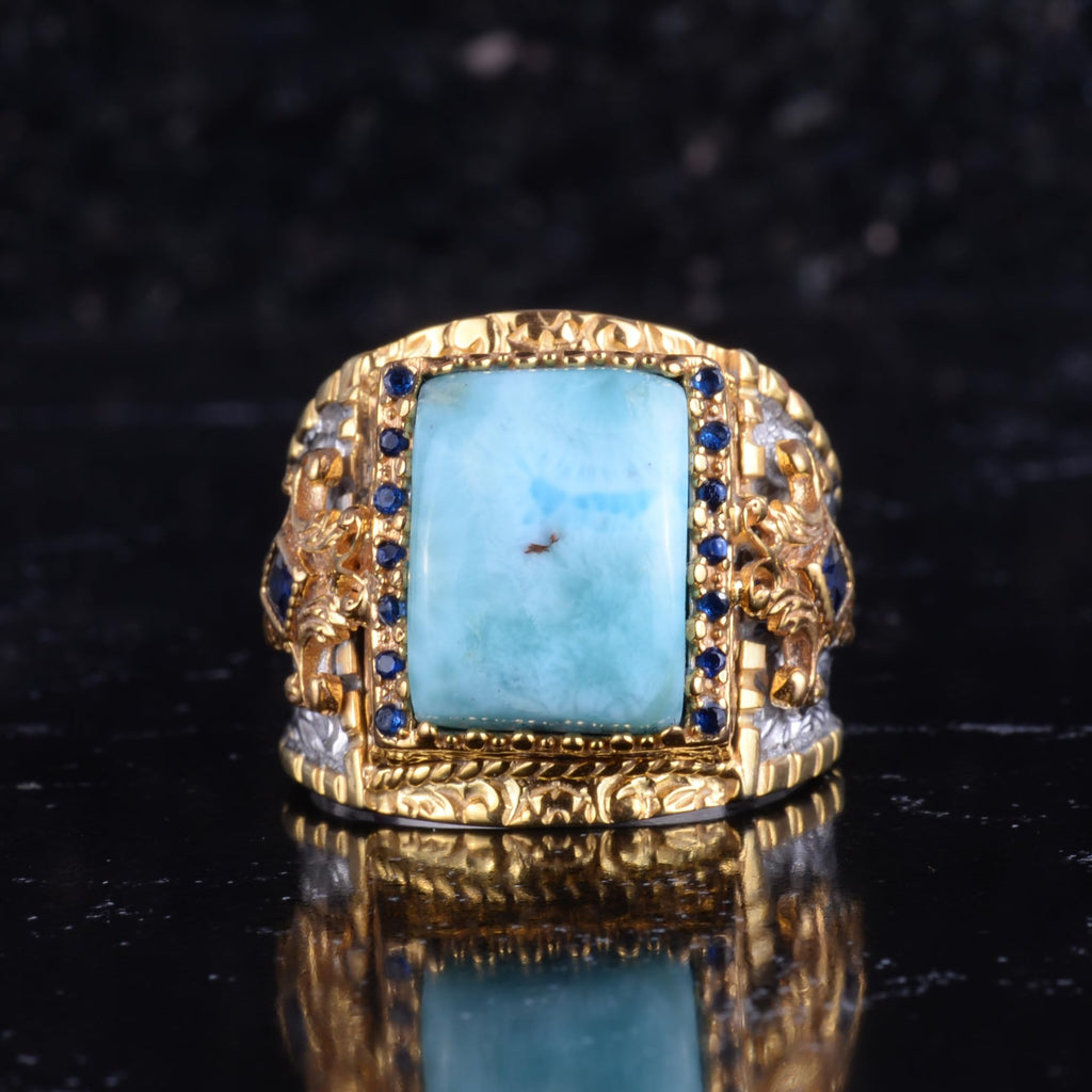KAMBO Natural Larimar Stone Men's Ring – Silver Gold Plated Blue Stone Detailed 925 Sterling Silver Square Cabochon Larimar Ring – Handmade Expression Jewelry — 4