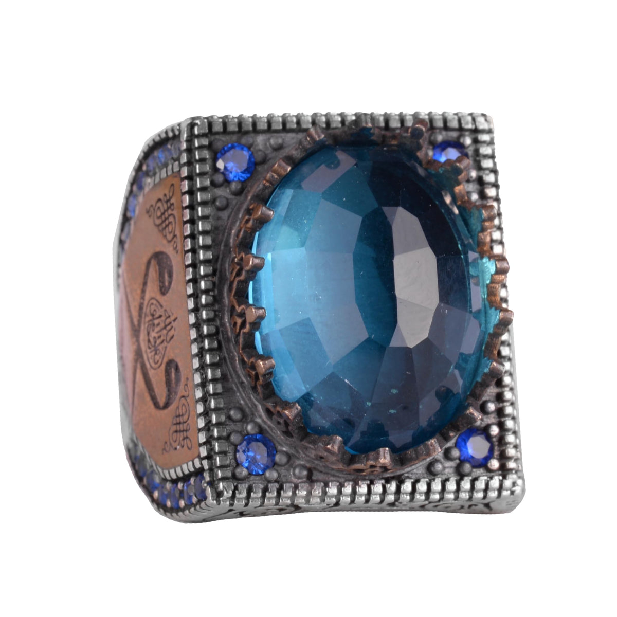 KAMBO 925 Sterling Silver Islamic Men's Ring, Synthetic Stone, Handmade Arabic Calligraphy Ring