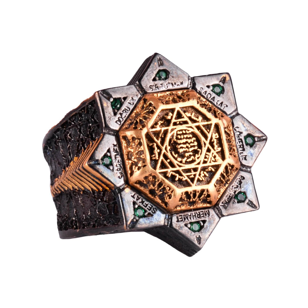 Handmade 925 Sterling Silver Men's Ring - Star of David and Seal of Solomon Design (Green Zircon)