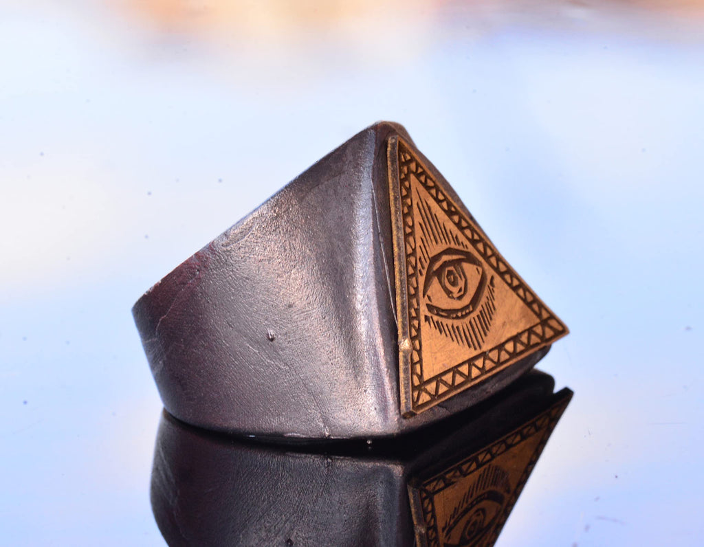 Handcrafted 925 Sterling Silver Men's Ring with Gold-Plated Triangle Eye Symbol