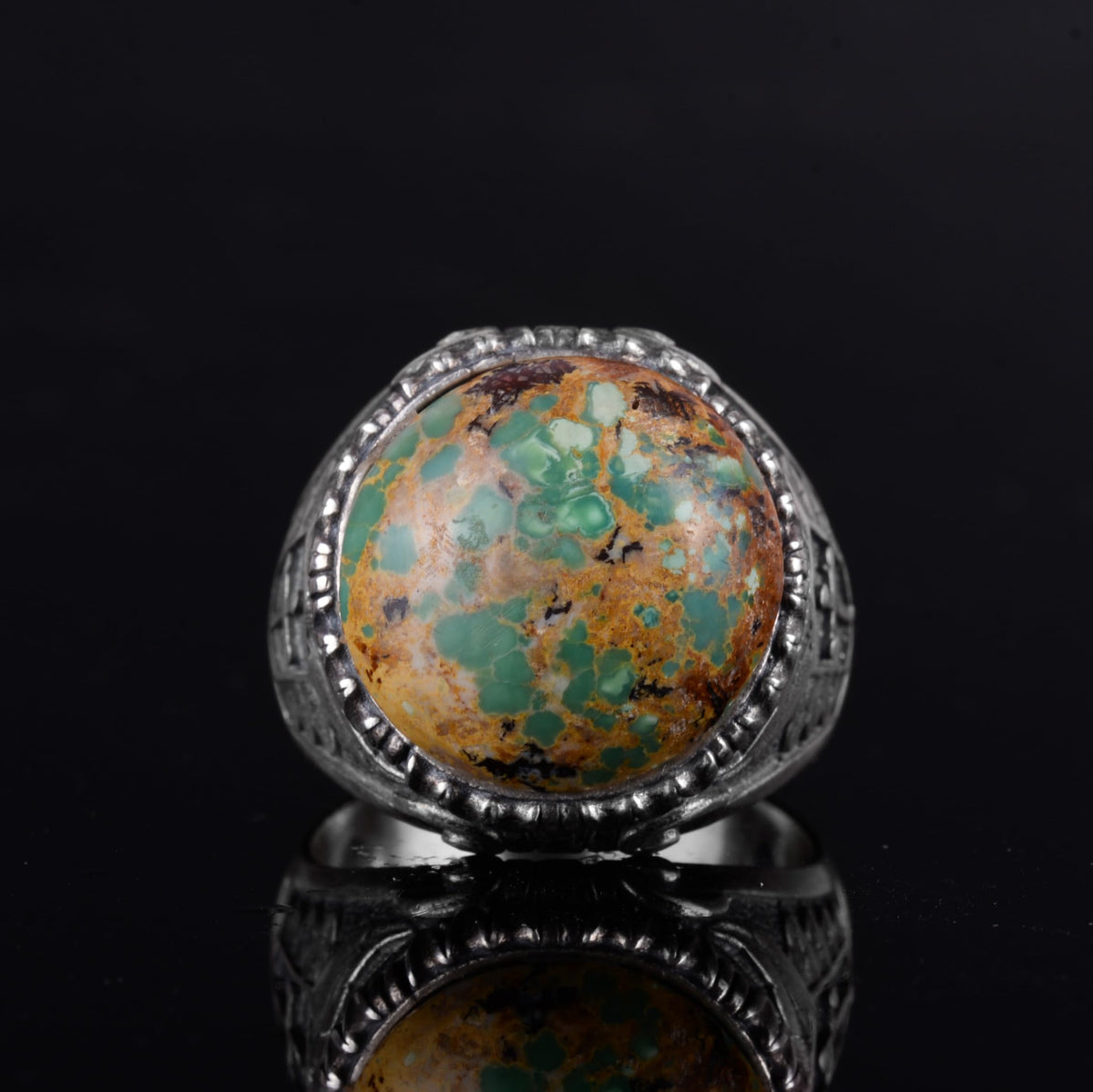 KAMBO Natural Turquoise Men's Ring – 925 Sterling Silver Round Ottoman Style Seal Ring (Turquoise) — 4
