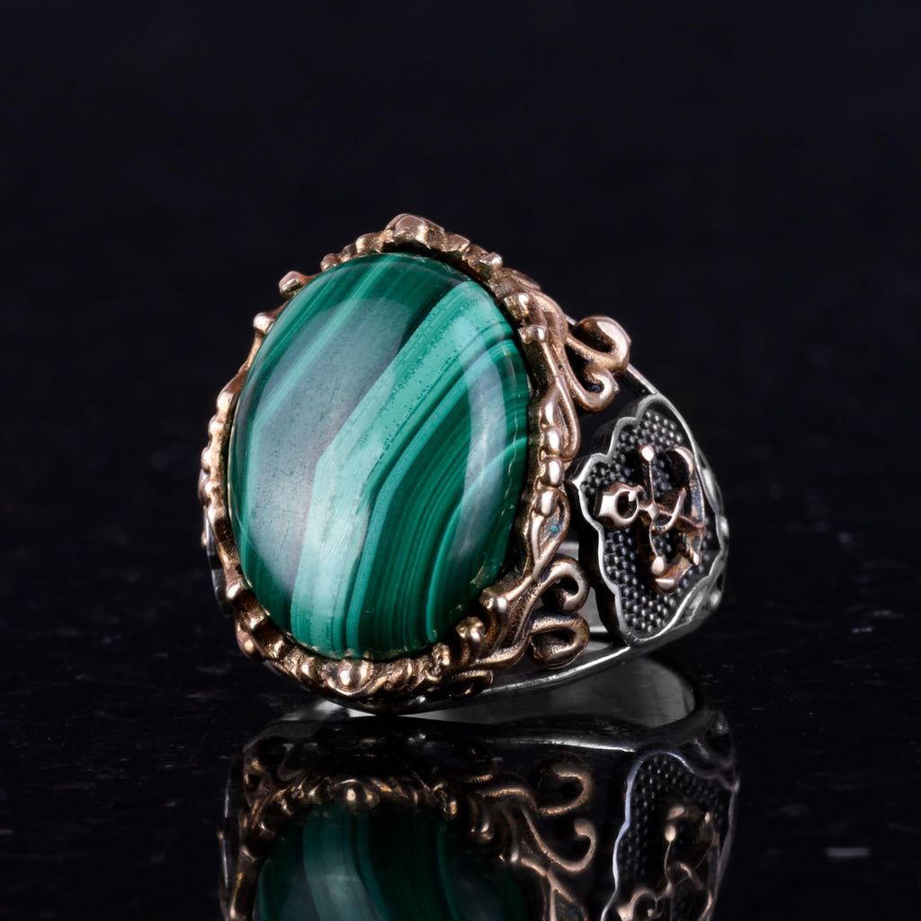 Natural Malachite Stone Ring - 925 Sterling Silver Men's Ring (Model-3) — 4