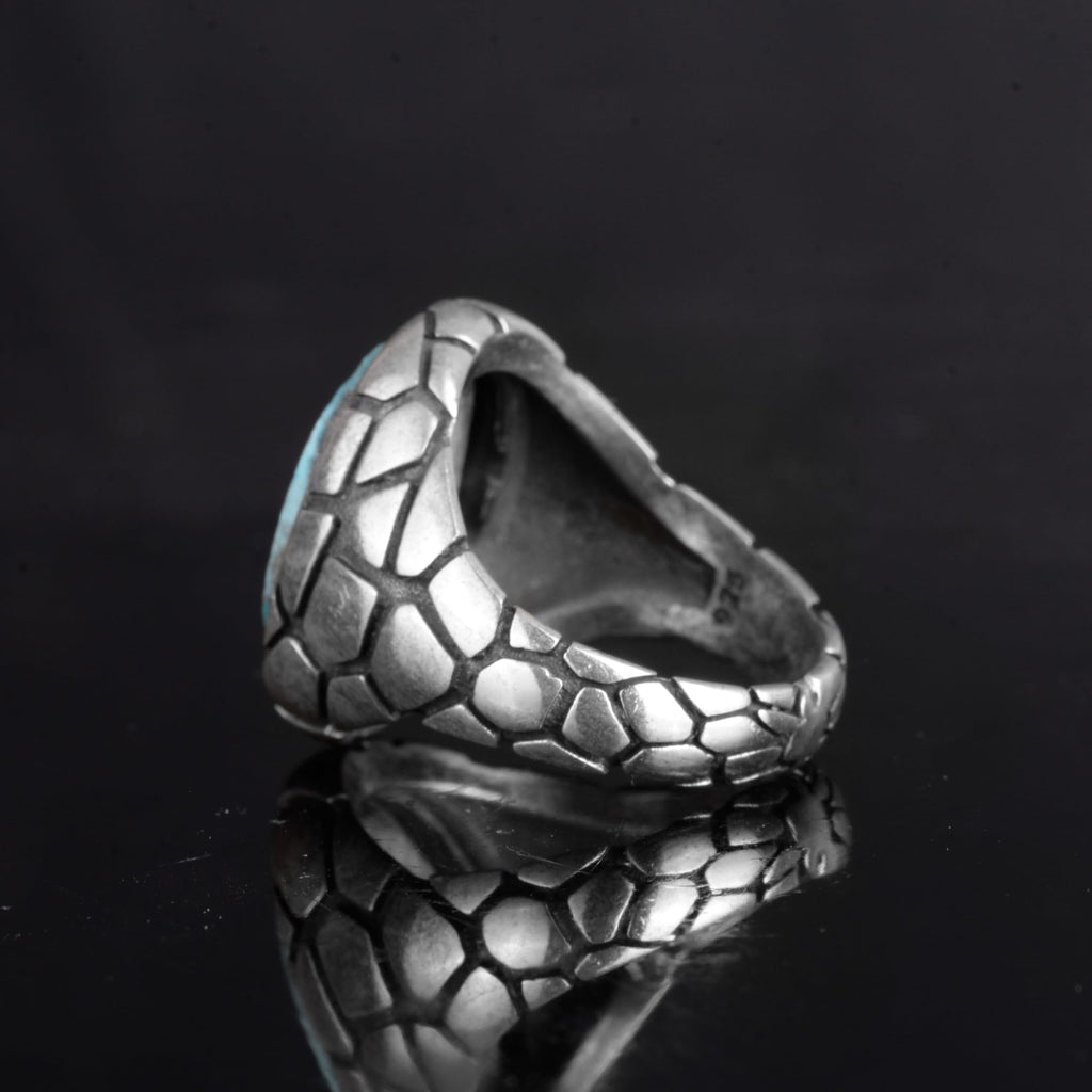 KAMBO Natural Turquoise Stone Ring - Snake Skin Pattern 925 Sterling Silver Men's Ring (Style-1) — 7