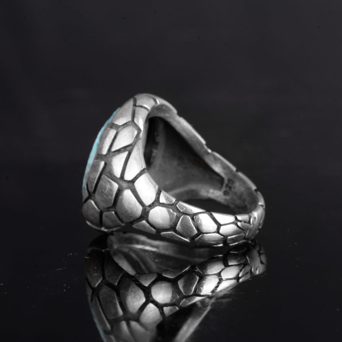 KAMBO Natural Turquoise Stone Ring - Snake Skin Pattern 925 Sterling Silver Men's Ring (Style-1) — 7