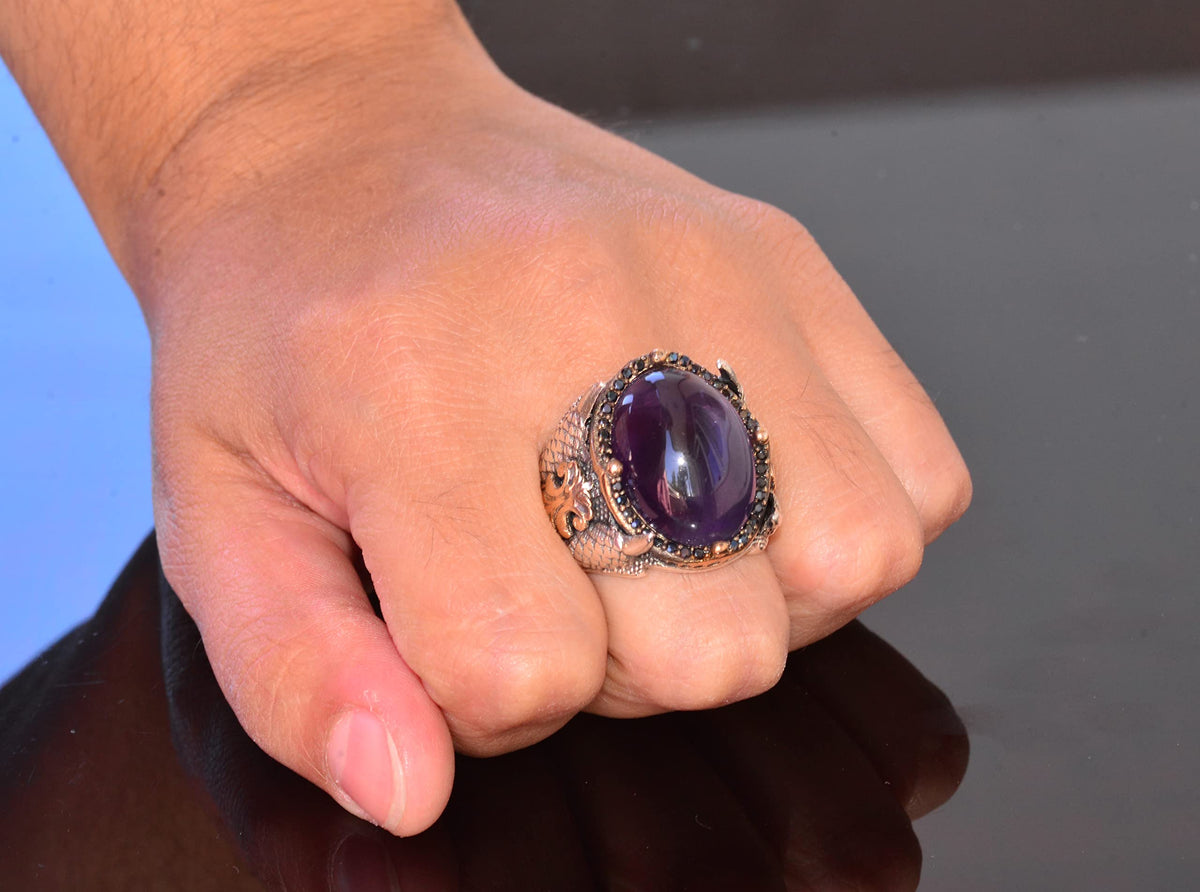 Natural Amethyst Stone Ring - Silver Men's Hawk Claw Ring — 7