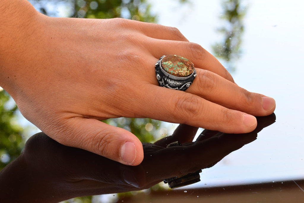 Silver Real Arizona Turquoise Stone Byzantine Men's Ring — 6