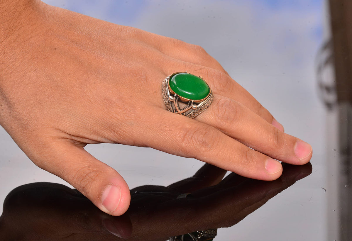 Natural Jade Stone Silver Men's Ring — 5