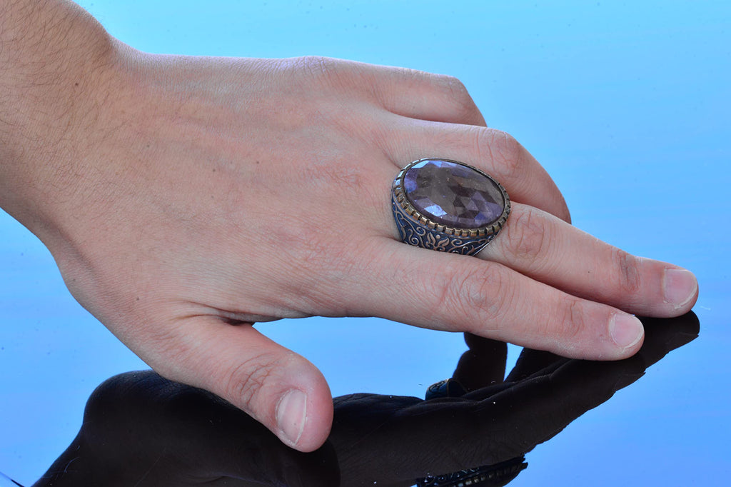 Kambo Handmade Silver Men's Ring - Natural Sapphire — 6