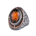 Men's Natural Stone Large Ring – Oval Stone Vintage Byzantine Engraved Statement Ring – Antique Filigree 925 Sterling Silver Jewelry (Protected Rose Motif Amber)