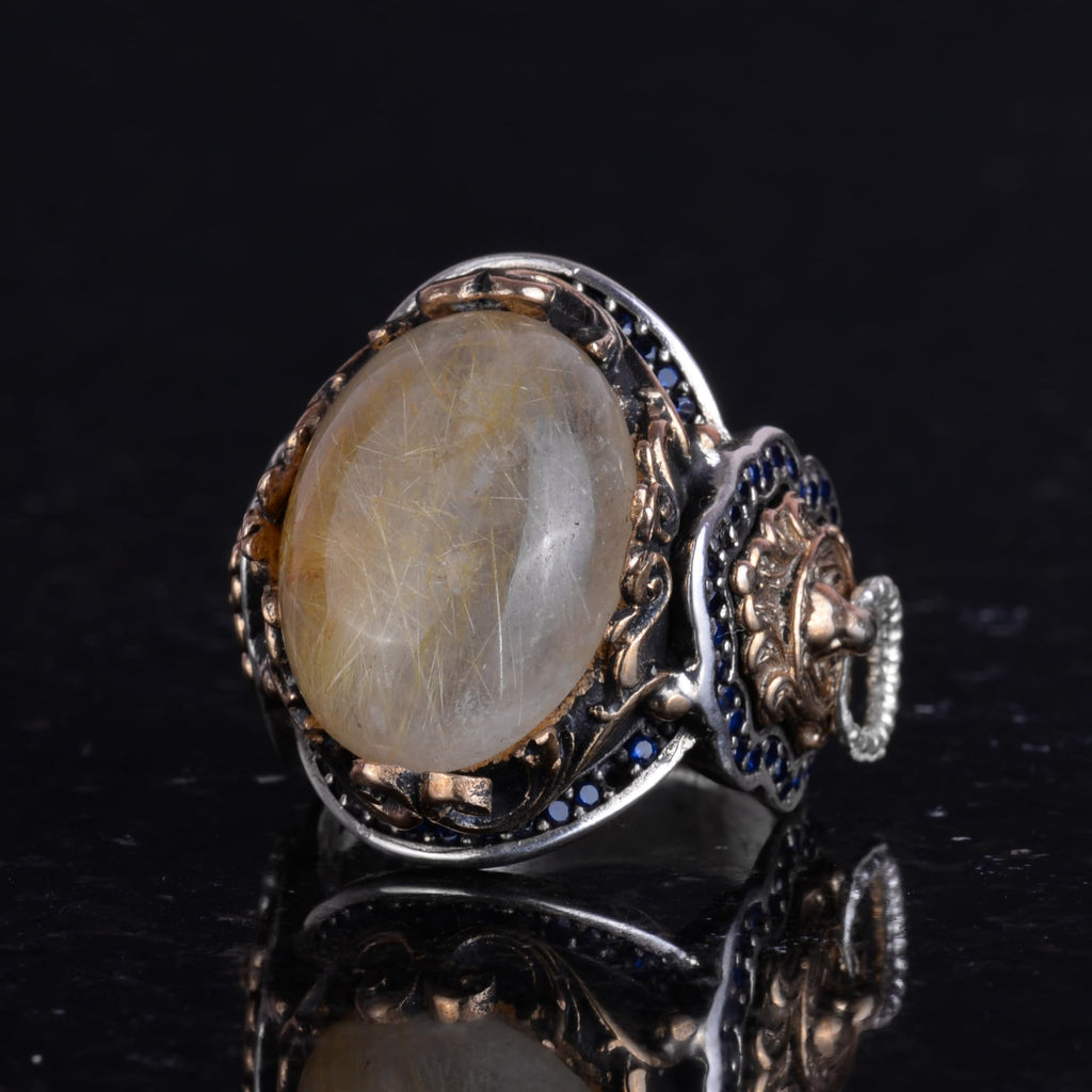 Natural Cabochon Gold Rutile Quartz Stone Ring - 925 Sterling Silver Men's Ring — 6