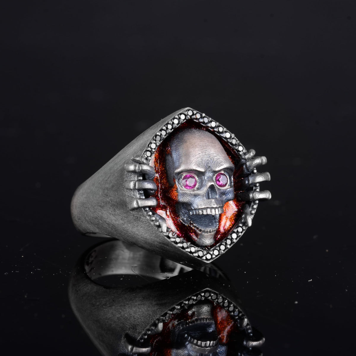 KAMBO Red Flame Background and Pink Stone Eyed 925 Sterling Silver Men's Skull Ring – Gothic Punk Biker Ring — 6