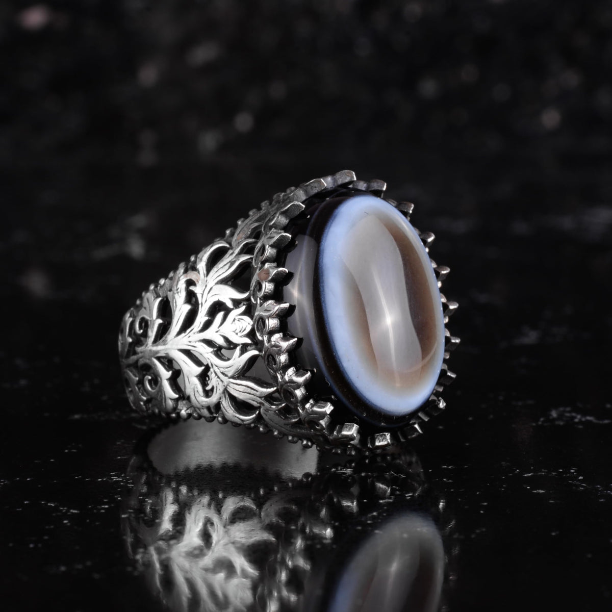 KAMBO Natural Yemen Agate Stone Ring – 925 Sterling Silver Decorative Men's Ring – Handmade Vintage Statement Ring (Yemen Agate-10) — 6