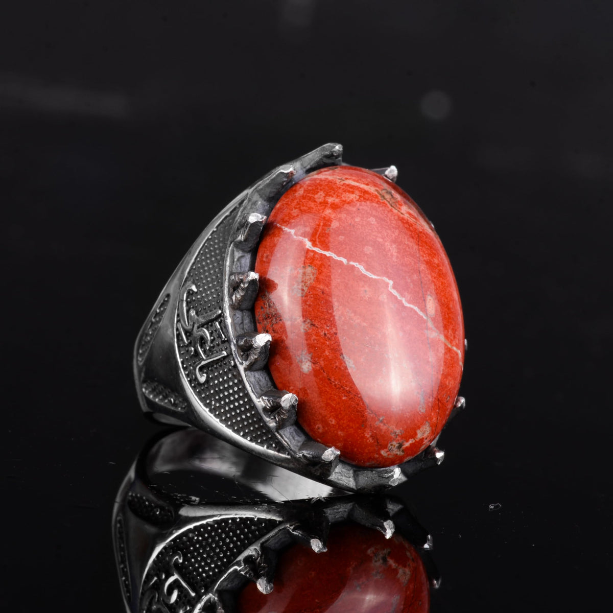 KAMBO Natural Stone Men's Large Ring – 925 Sterling Silver Ottoman Sword Motif Signet Ring (Red Bloodstone) — 6