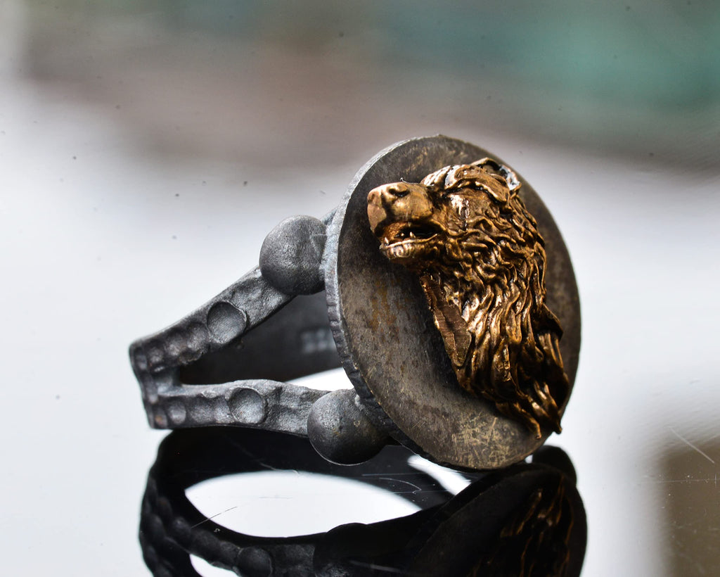 Wolf Bronze Piece Men's Statement Ring, Sterling Silver Ring For Men, Handmade Ring