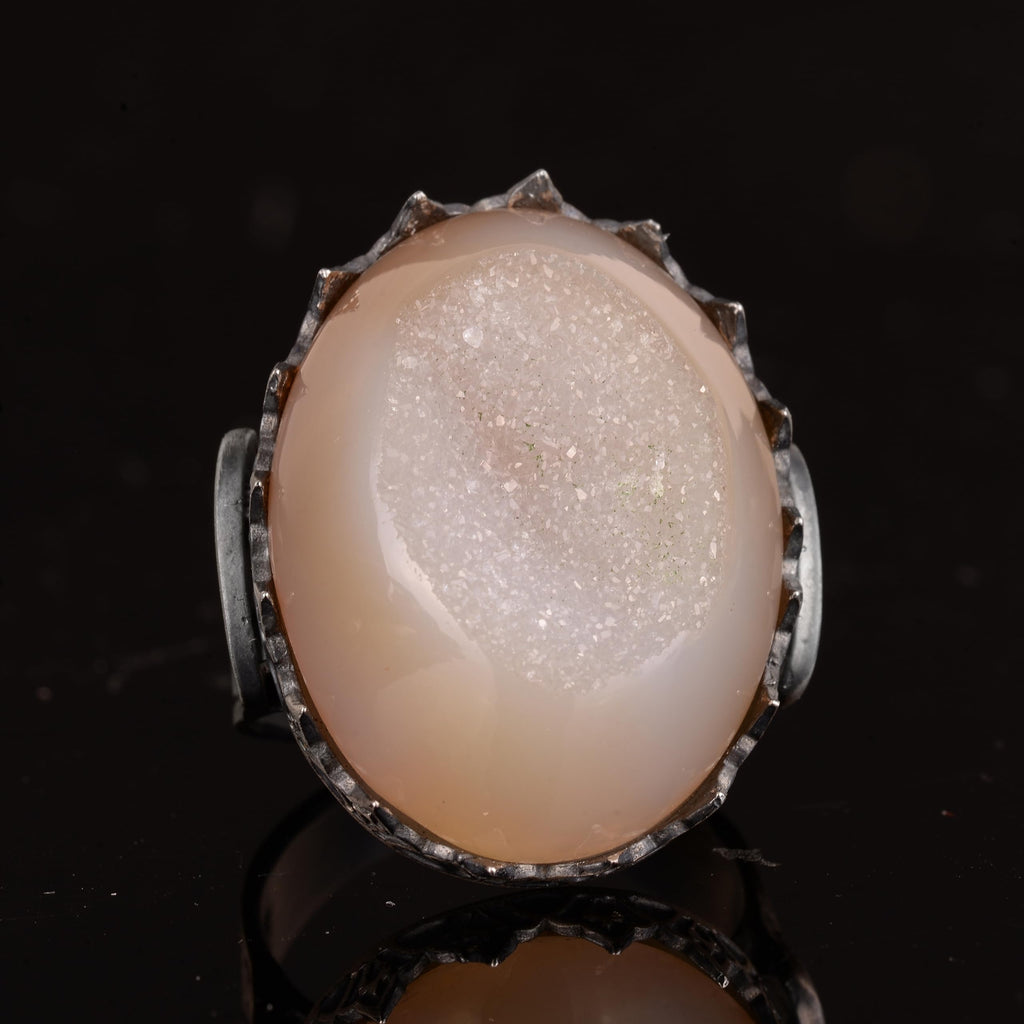 Kambo Men's Large 925 Sterling Silver Ring with Natural Druzy Quartz Stone: Akua, Green, Beige Options (Beige) — 6