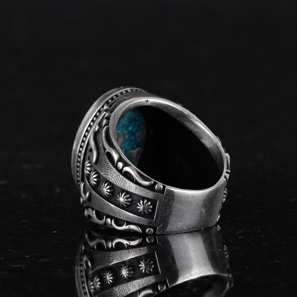 Natural Chrysocolla Stone Ring, 925 Sterling Silver Men's Ring (Model-3) — 7