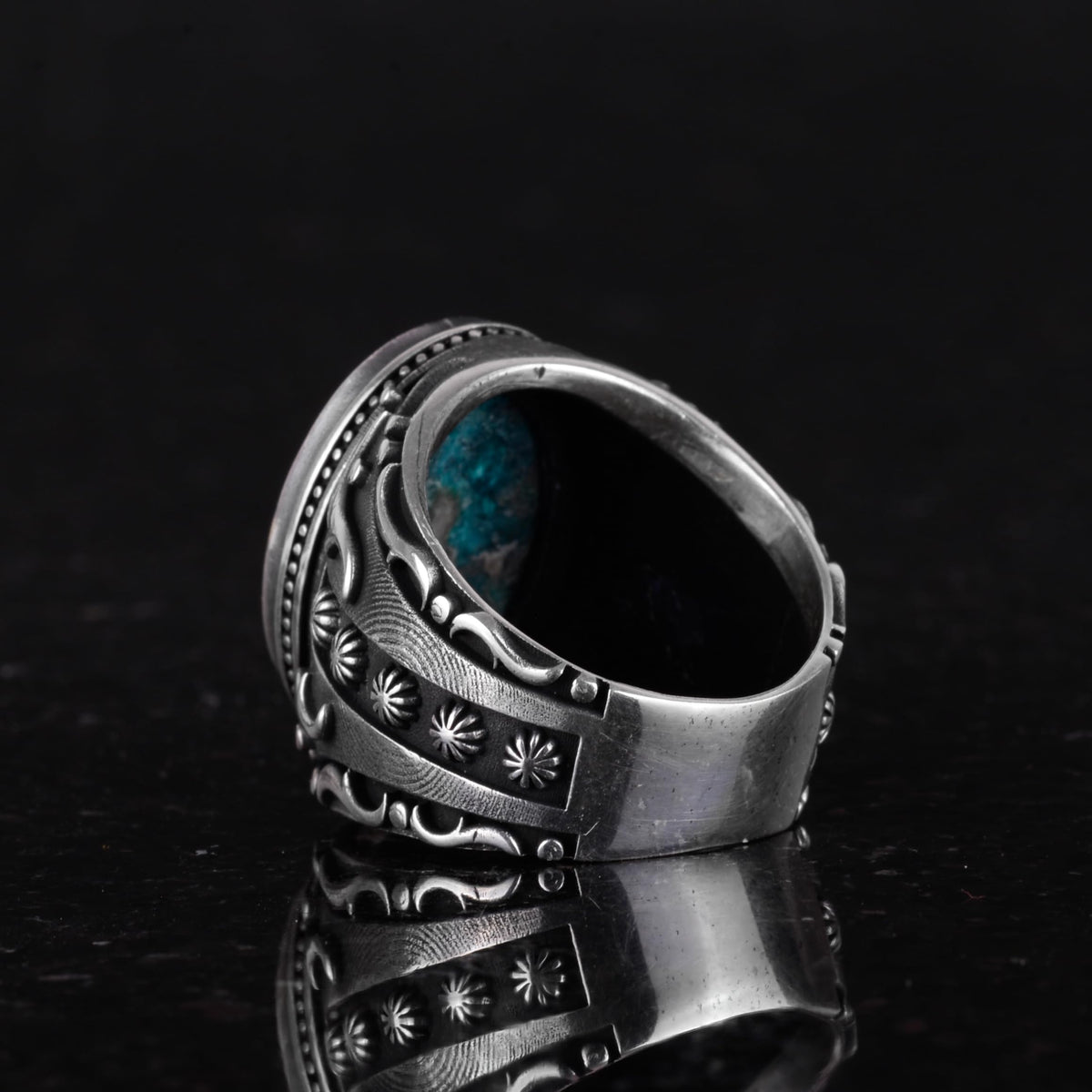 Natural Chrysocolla Stone Ring, 925 Sterling Silver Men's Ring (Model-3) — 7