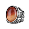KAMBO Men's Natural Agate Ring – 925 Sterling Silver Flower Pattern Ring – Men's Handmade Vintage Style Statement Ring (Agate-2)