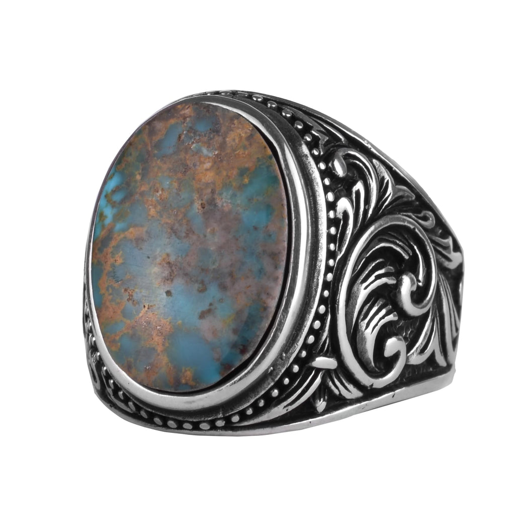 KAMBO Natural Turquoise Stone Men's Ring 925 Sterling Silver Oval Cabochon Ottoman Sliding Pattern Handmade Vintage Style Ring (Turquoise-4)