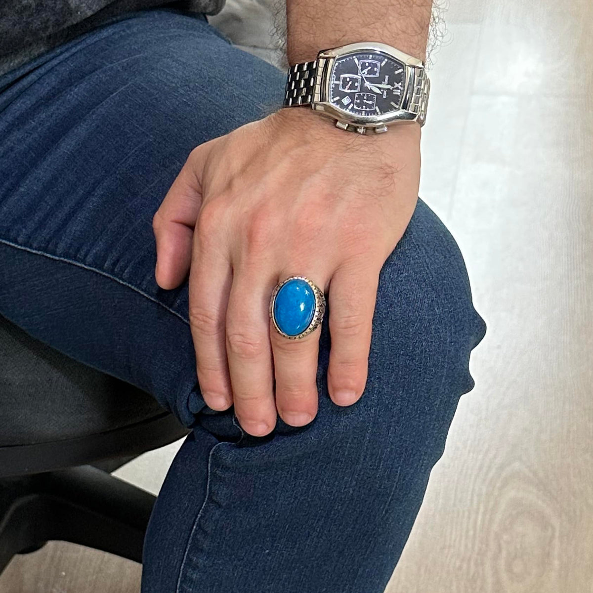 Natural Blue Agate Stone Ring, 925 Sterling Silver — 3